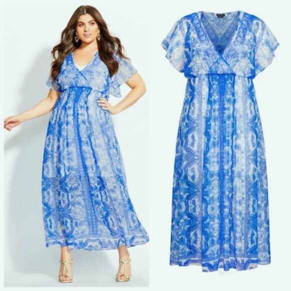 City Chic Maxi Mykonos Dress Size 14 Blue White Floral Chiffon Embellished $115 - Picture 4 of 12